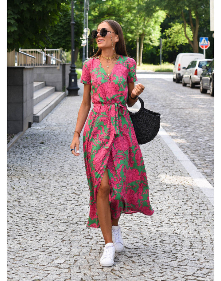 Floral Print Midi Dress Women Short Sleeve Tie Waist