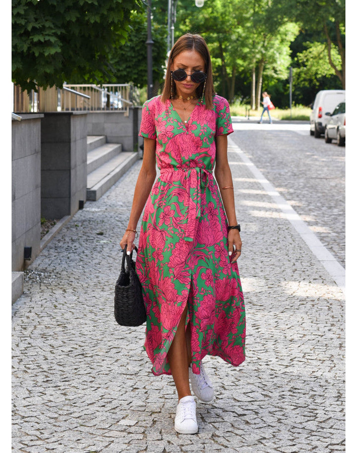 Floral Print Midi Dress Women Short Sleeve Tie Waist