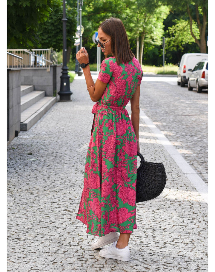 Floral Print Midi Dress Women Short Sleeve Tie Waist