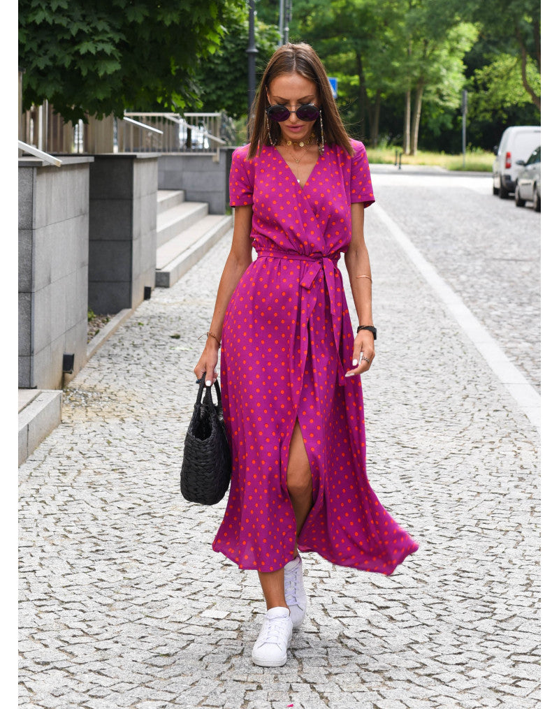 Floral Print Midi Dress Women Short Sleeve Tie Waist