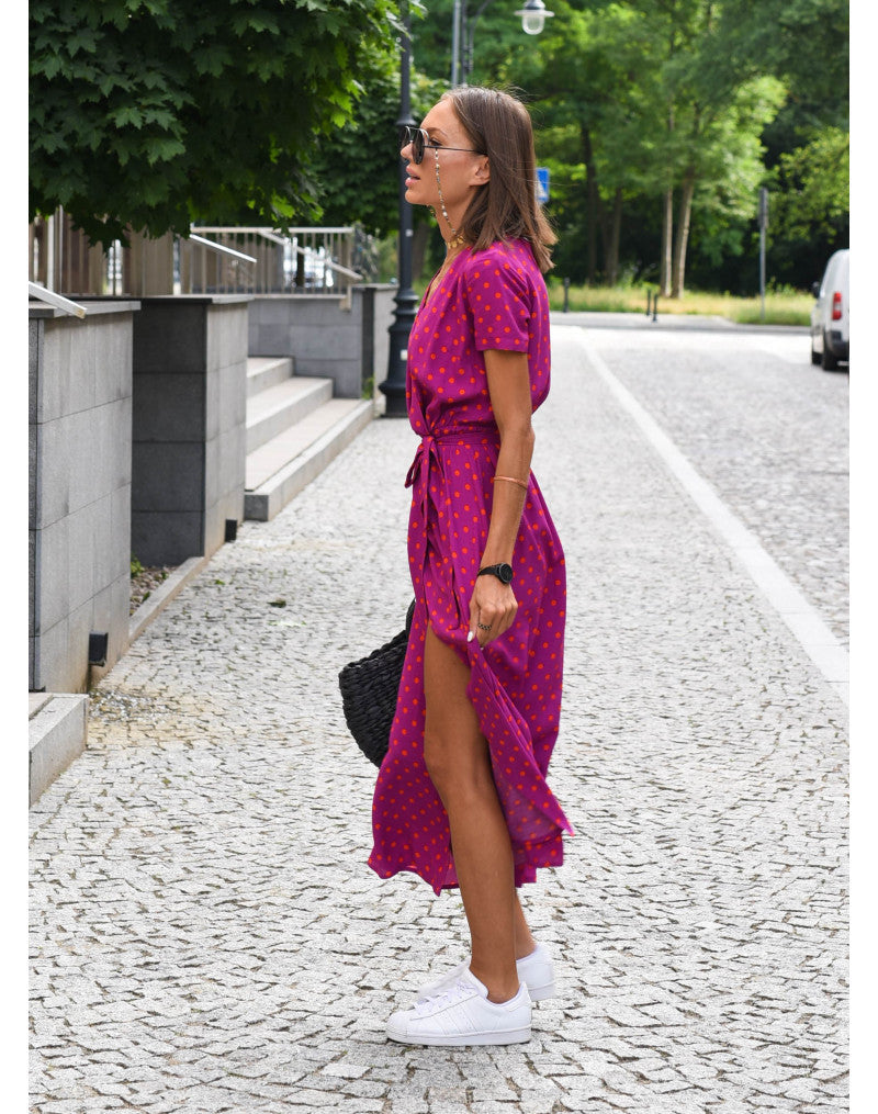 Floral Print Midi Dress Women Short Sleeve Tie Waist