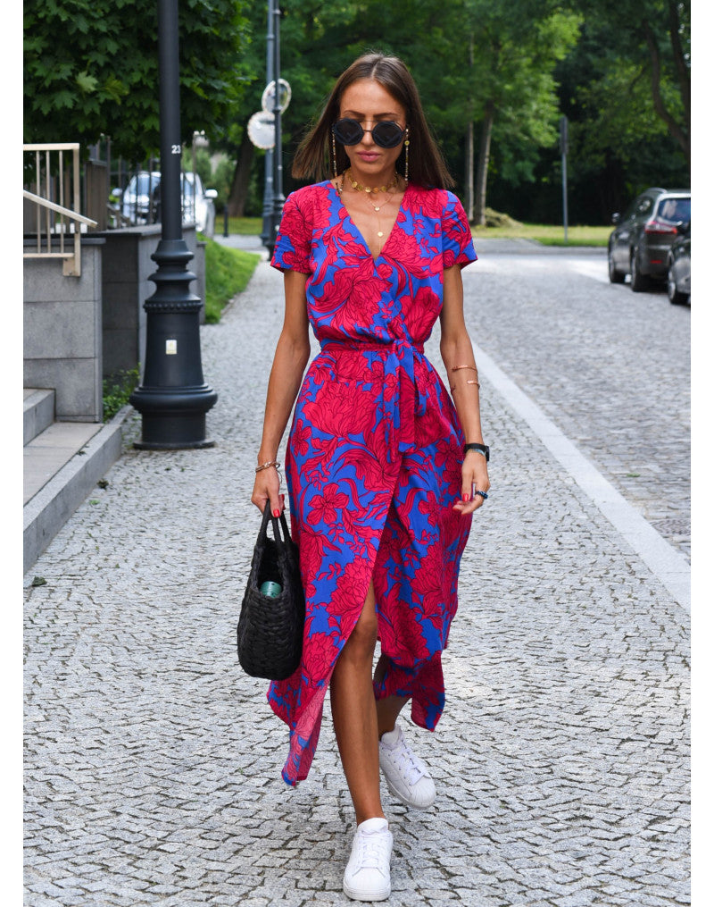 Floral Print Midi Dress Women Short Sleeve Tie Waist
