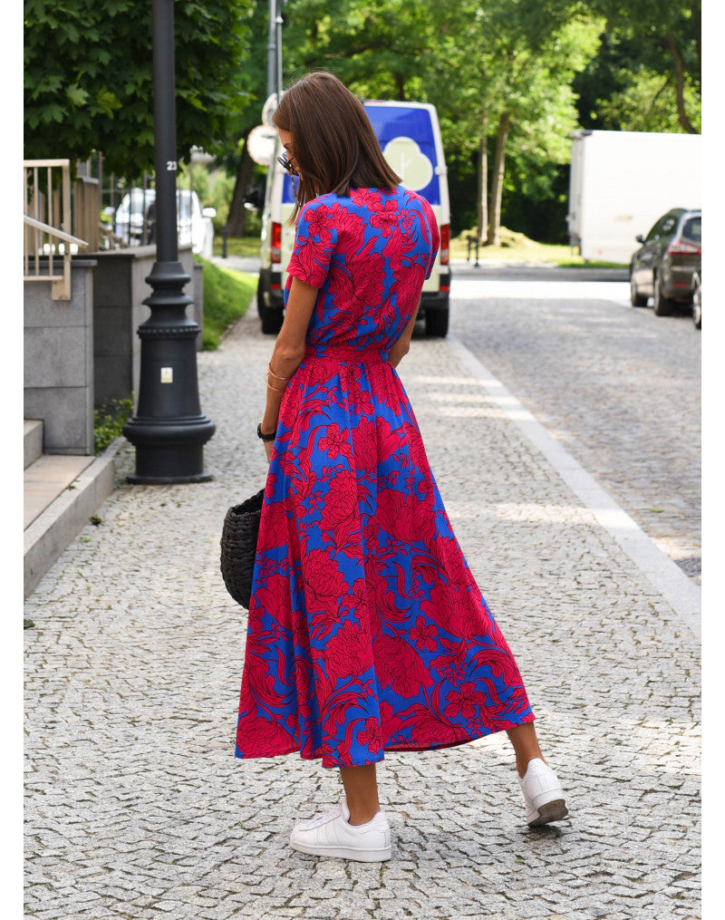 Floral Print Midi Dress Women Short Sleeve Tie Waist