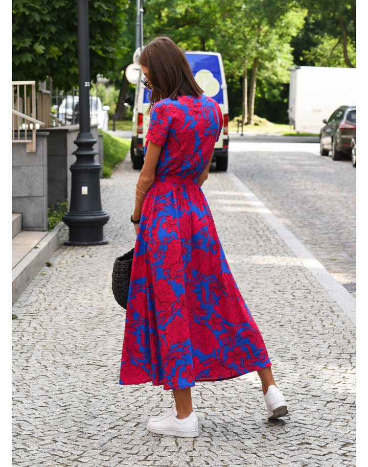 Floral Print Midi Dress Women Short Sleeve Tie Waist