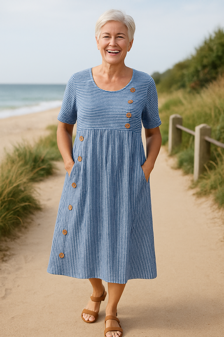Striped Midi Dress Women Short Sleeve Button Detail