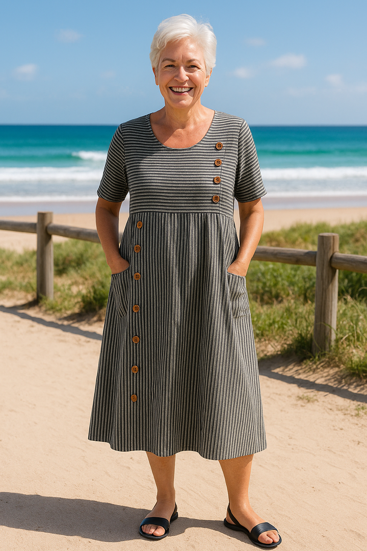 Striped Midi Dress Women Short Sleeve Button Detail
