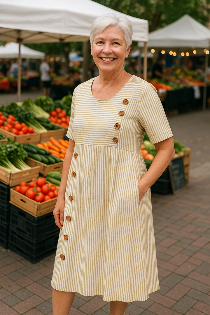 Striped Midi Dress Women Short Sleeve Button Detail