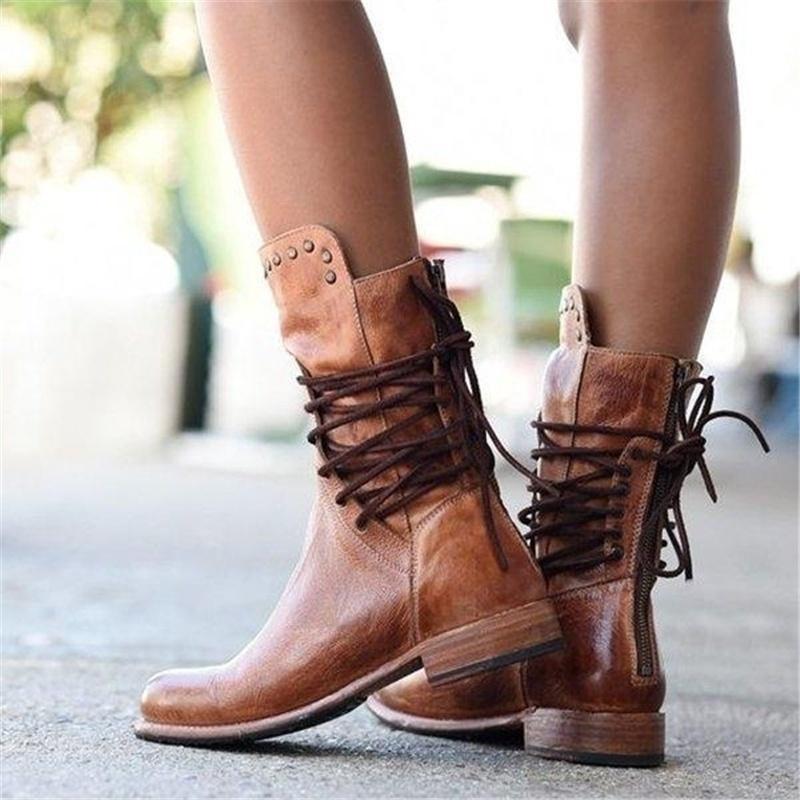 Elisa | Retro Mid-Calf Lace-Up Boots with Studs
