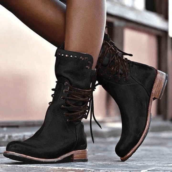Elisa | Retro Mid-Calf Lace-Up Boots with Studs