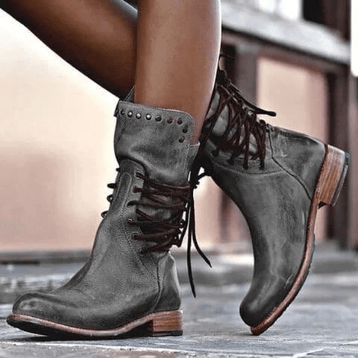 Elisa | Retro Mid-Calf Lace-Up Boots with Studs