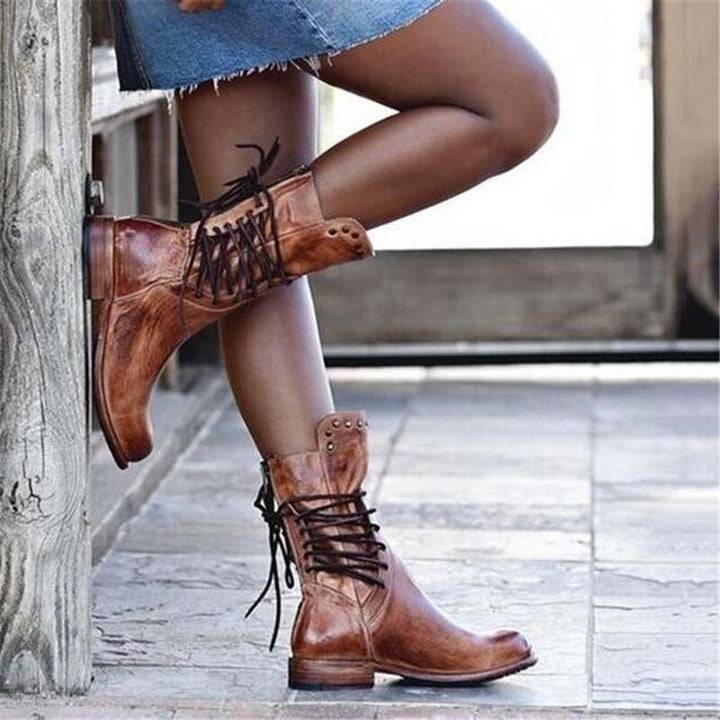 Elisa | Retro Mid-Calf Lace-Up Boots with Studs