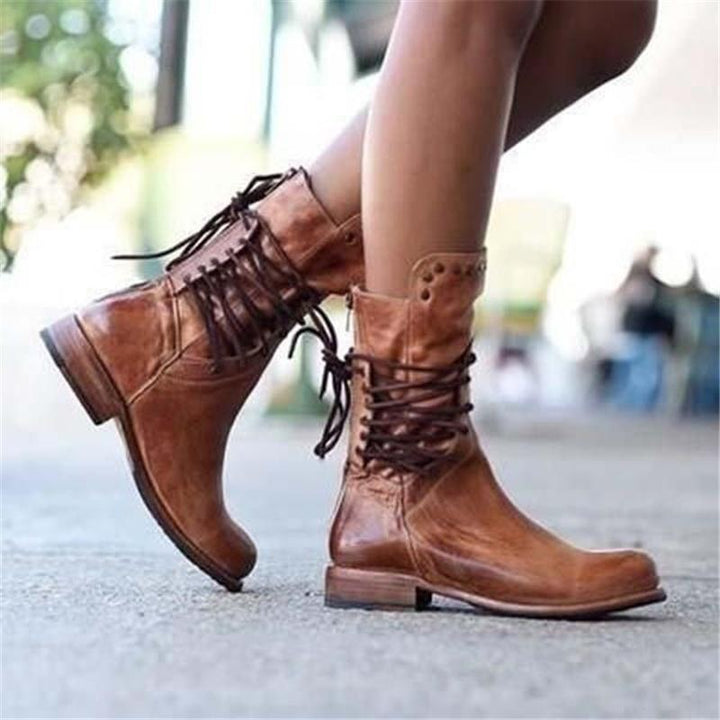 Elisa | Retro Mid-Calf Lace-Up Boots with Studs