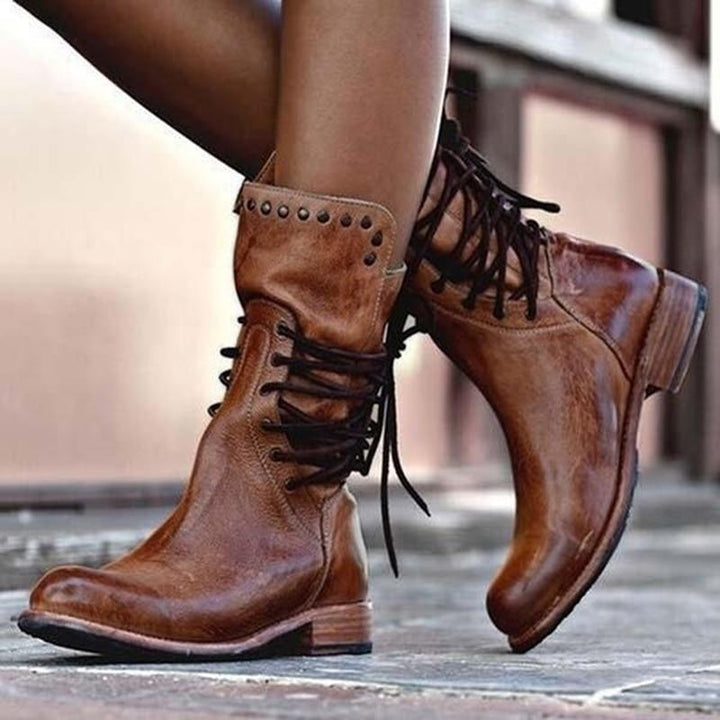 Elisa | Retro Mid-Calf Lace-Up Boots with Studs
